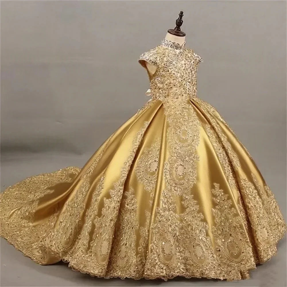 Showlu Fashion Store's girls' sleeveless ball gown with gold lace embroidery and a long train, perfect for elegant princess occasions.