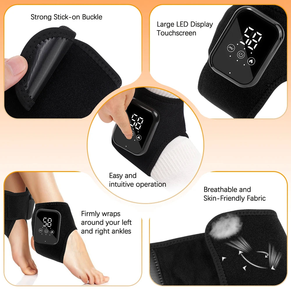 Electric heating foot massager with vibration, ankle brace support, and warm relief for joint pain and sprains.