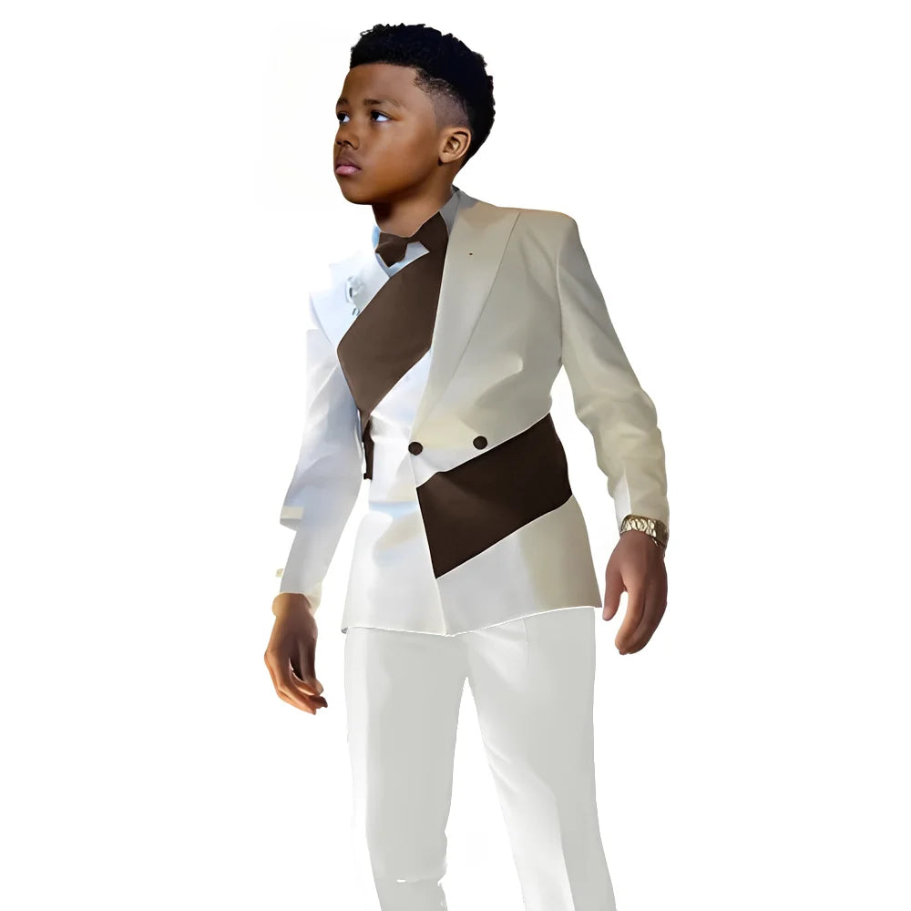 Showlu Smart General boys' satin wedding tuxedo suit, white 2-piece set with blazer and pants, slim fit for ages 2-16.