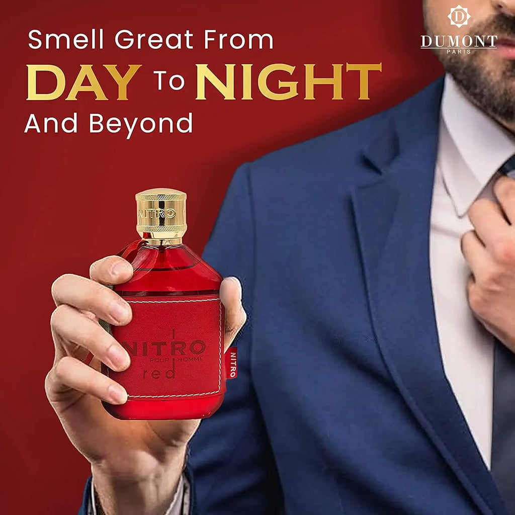 Nitro Red Eau De Parfum for Men by SHOWLU FASHION STORE, long-lasting woody fragrance bottle with red accents.