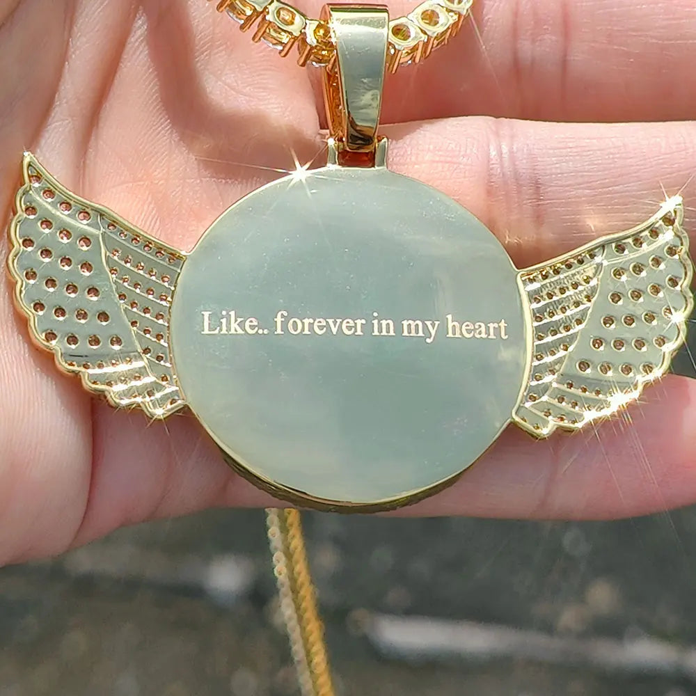 Custom angel wing round pendant necklace with personalized photo charm and tennis chain, for men and women, by Showlu Fashion.