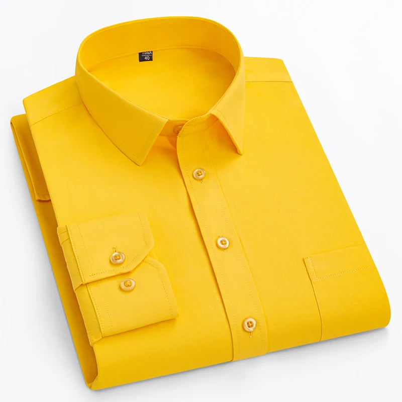 Plus size men's slim fit formal plain shirt with double collar, long sleeves, and solid design, ideal for office and business attire.
