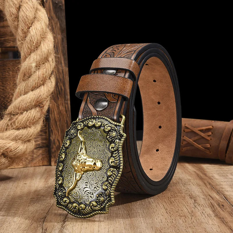 Western cowboy PU leather belt with vintage printed buckle for jeans, stylish accessory by Showlu Fashion Store