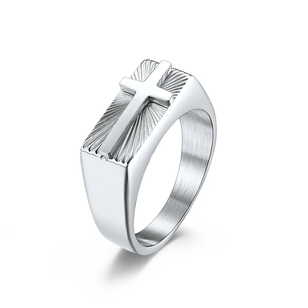 Men's stainless steel cross ring with 8mm sunburst design, religious band jewelry by Showlu Fashion Store