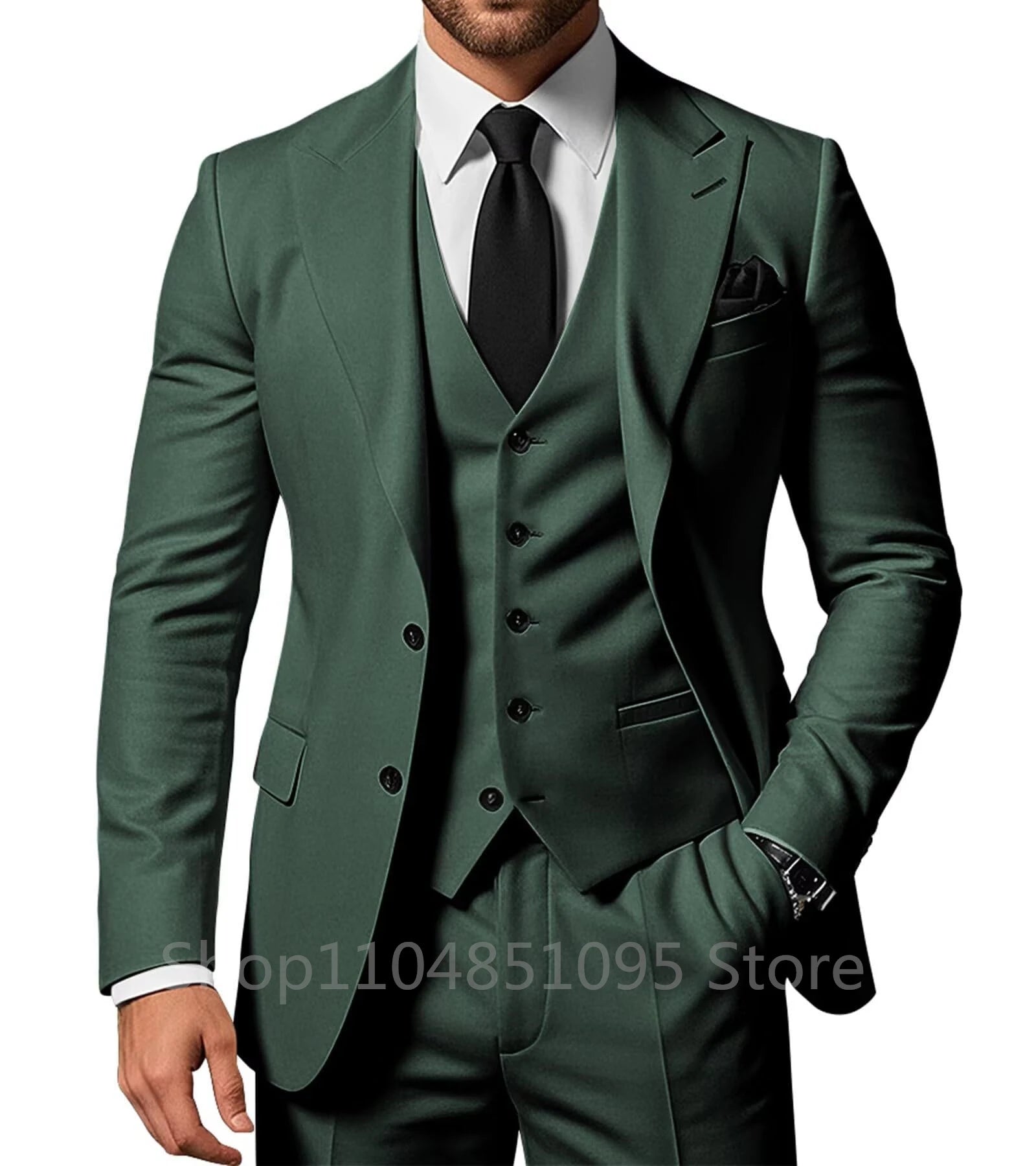 Three-piece solid wedding groom tuxedo set featuring a peak lapel jacket, pants, and vest in a formal men's fashion style.