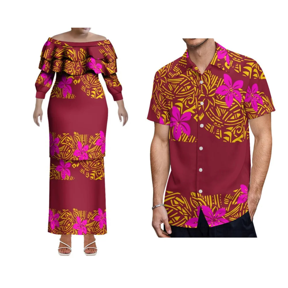 Elegant white Polynesian Samoa Hawaii slim women’s fishtail dress with ruffle collar, perfect for summer evening garden parties.