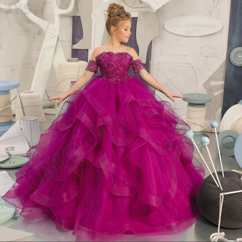 Showlu Fashion flower girl dress with appliques, off-shoulder tulle ball gown for kids, elegant and floral design