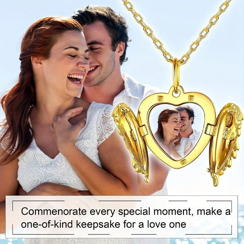Personalized Showlu Photo Angel Wing Locket Necklace in zinc alloy with engraved design, featuring a delicate angel wing charm.