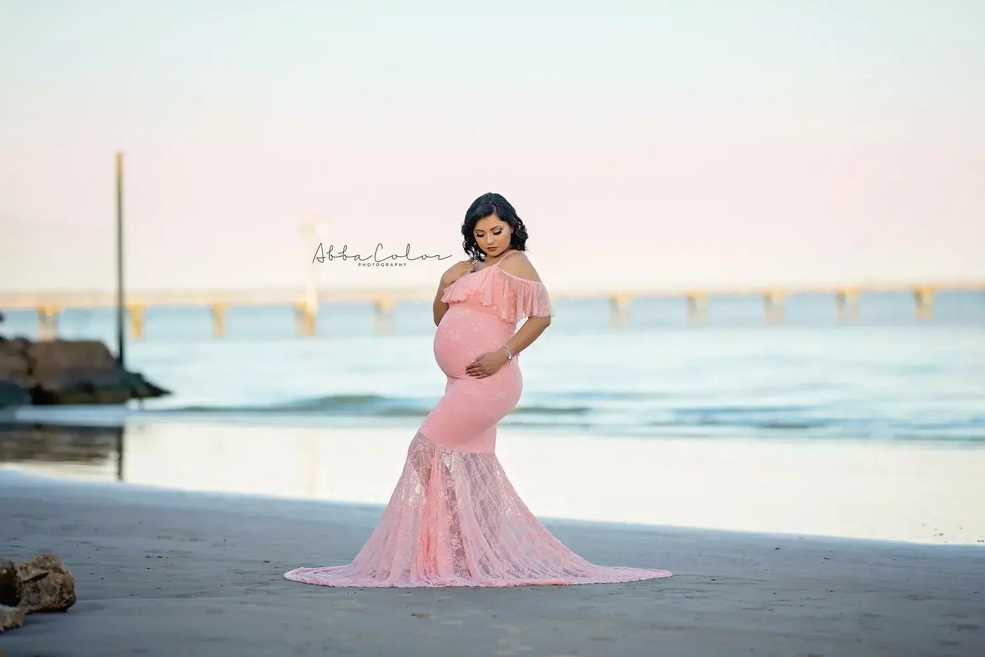SHOWLU maternity lace flysleeve chiffon dress for photo shoots, featuring elegant design and lightweight, flowing fabric.