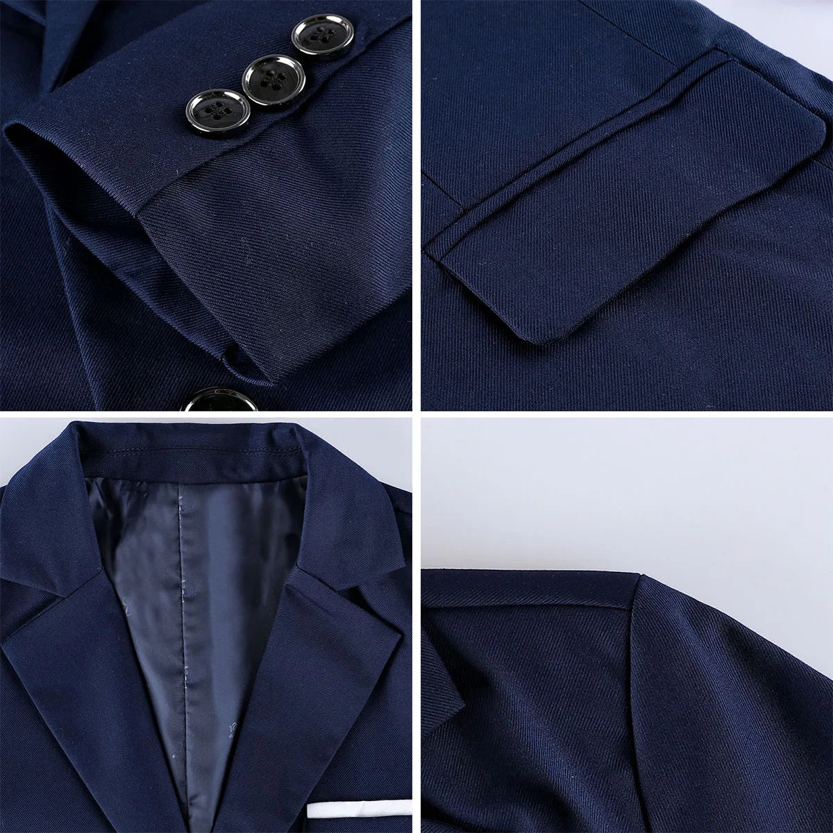 Boy wearing a formal wedding suit by A&J DESIGN, including a tuxedo blazer, vest, and matching pants for special occasions.