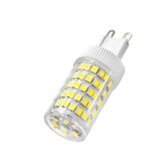 A G9 LED corn bulb with numerous small yellow light chips arranged on a cylindrical body.