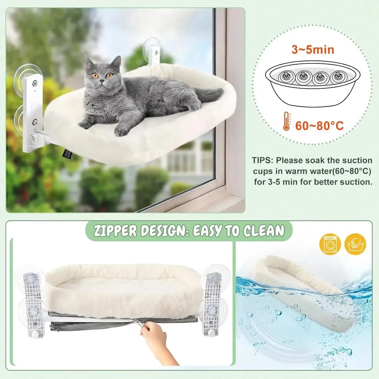 Showlu Plush Cat Window Hammock with suction cups, sunbathing hanging bed for cats, soft and cozy, ideal for window lounging