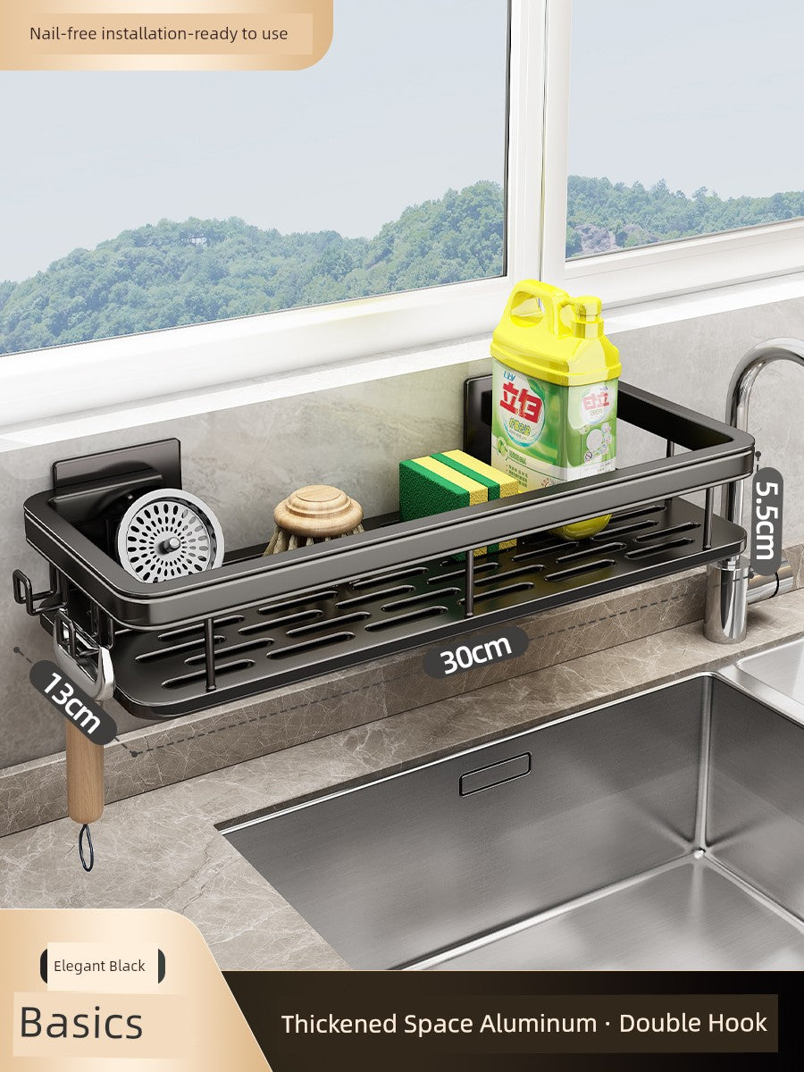 Aluminum wall-mounted kitchen seasoning rack with punch-free design, featuring multiple hooks and shelves for organized spice storage.