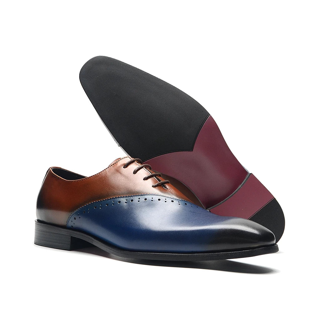 Brown and blue men's wedding dress shoes with pointed toes, genuine leather, lace-up design, formal oxford style for men.