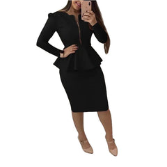 Elegant Women's Skirt Sets Solid Zipper V-neck Slim Top + Package Hip Knee-Length Skrits Suits Female Casual Work Two Pieces Set