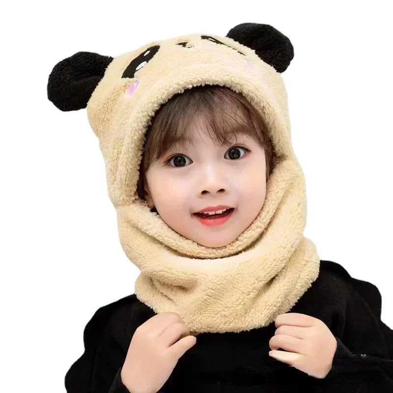 Cartoon-style fleece winter hat for kids, boys and girls, with thick scarf, suitable for newborns to 18-year-olds, warm and cozy.