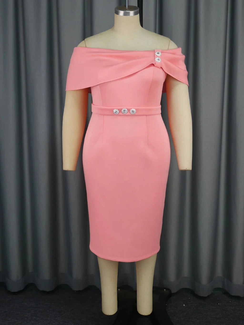 Pink off-shoulder beaded midi pencil dress for women, perfect party wear, from SHOWLU FASHION STORE, shown on a mannequin.