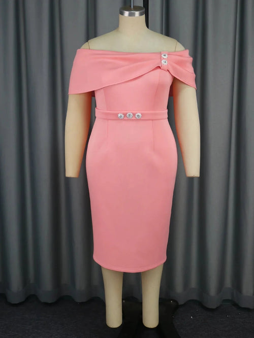 Pink off-shoulder beaded midi pencil dress for women, perfect party wear, from SHOWLU FASHION STORE, shown on a mannequin.
