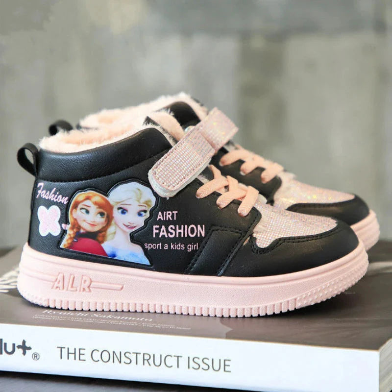 Pink Disney Frozen Elsa girls' winter snow boots with warm insulation and ankle height, perfect for cold winter days.