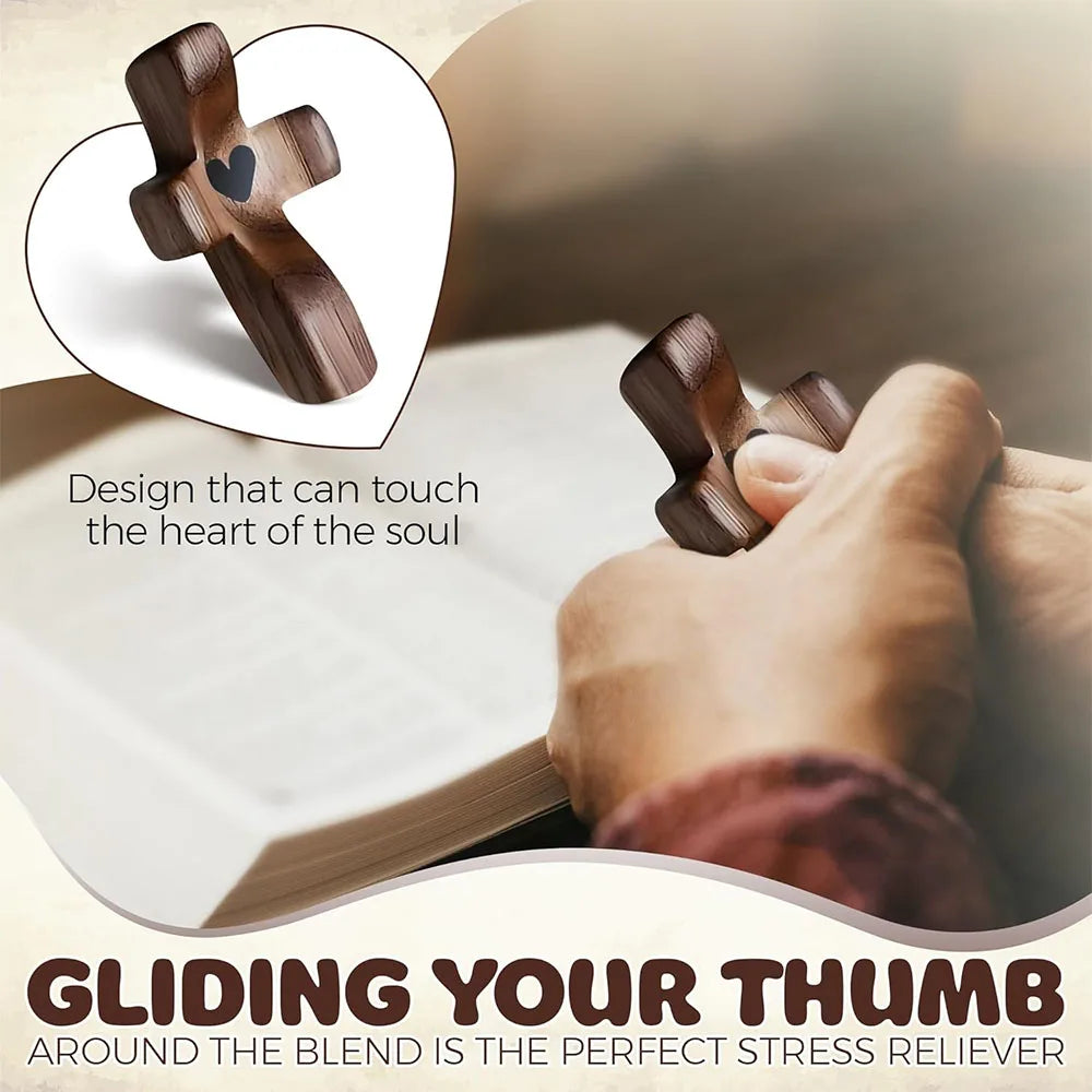 Black walnut wood pocket cross for prayer and faith, compact spiritual Christian gift, stress relief and spiritual companion.