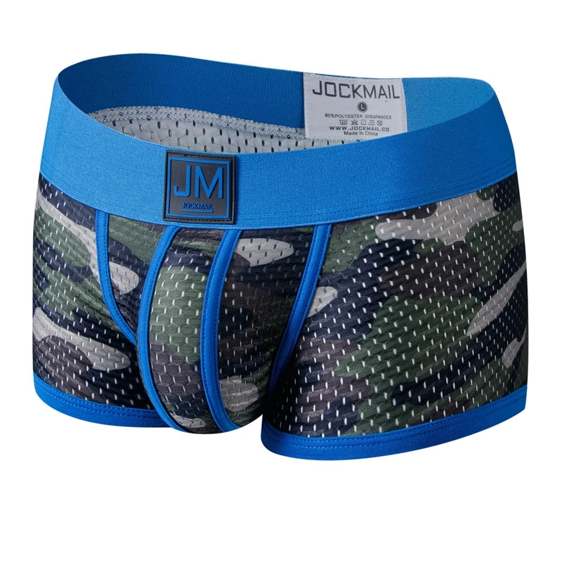 Men's camouflage mesh boxer briefs by JOCKMAIL with nylon pouch, designed for comfort and breathability.