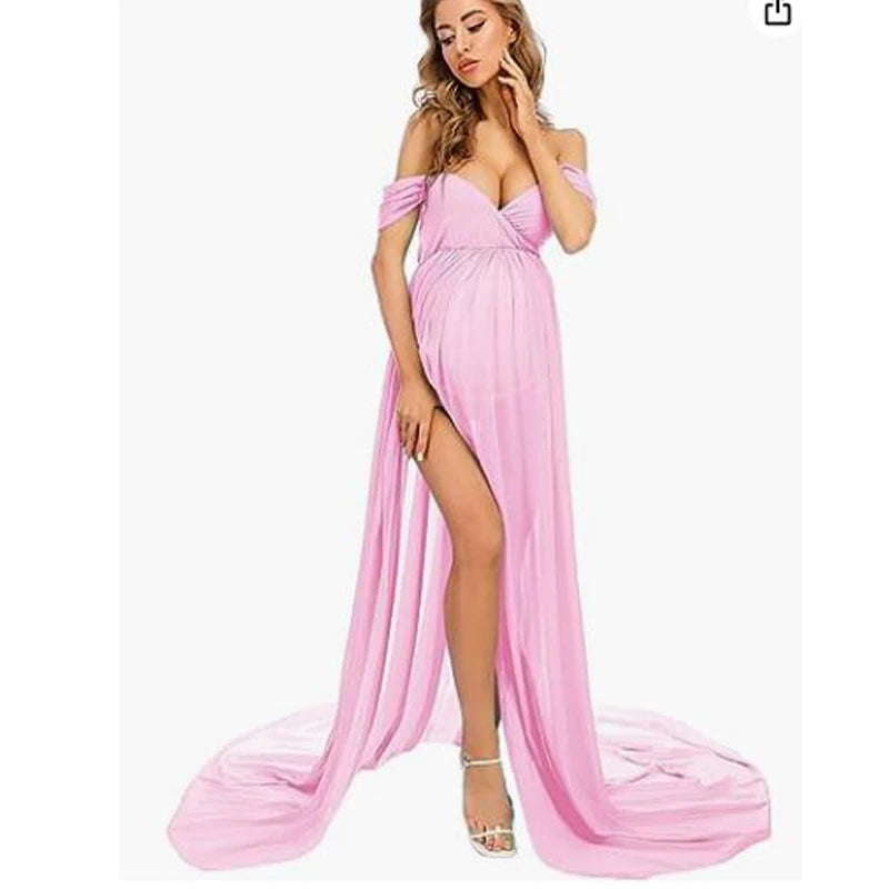 Elegant chiffon maternity dress with long train, perfect for photoshoots, featuring a split design for a graceful look.