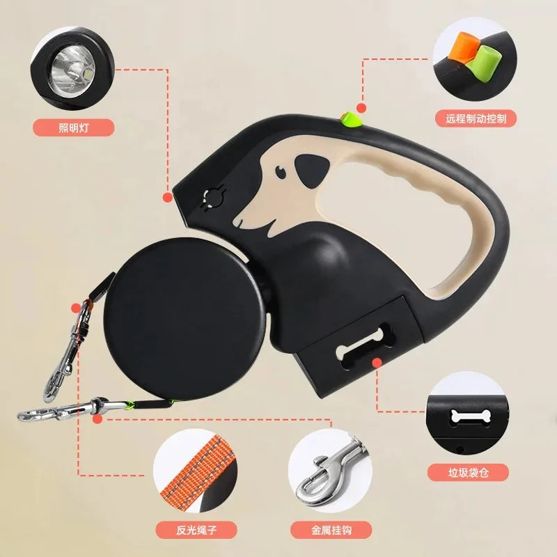 Showlu 3m retractable double dog leash with reflective surface and tangle-free design, suitable for walking two dogs simultaneously.
