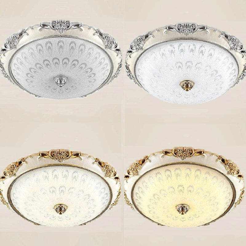 Modern round LED ceiling light by Showlu Fashion, gold glass surface mount lamp with sleek design and warm lighting.