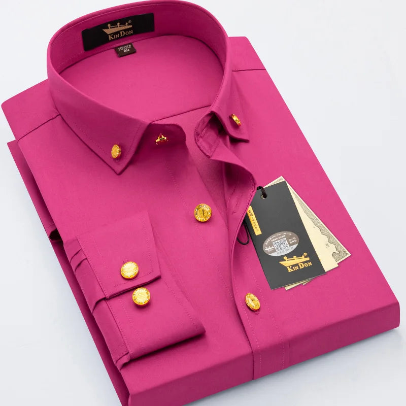 Men's luxury brass-button long sleeve business casual shirt by Showlu Fashion, ironing resistant for office wear and gifting.