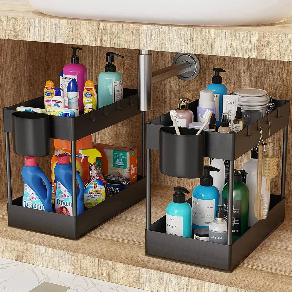 Showlu Smart General under sink organizer rack with multiple compartments for efficient kitchen or bathroom storage.