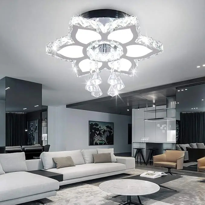 Modern FRIXCHUR LED Crystal Chandelier flush mount ceiling light with sparkling crystals and sleek design.