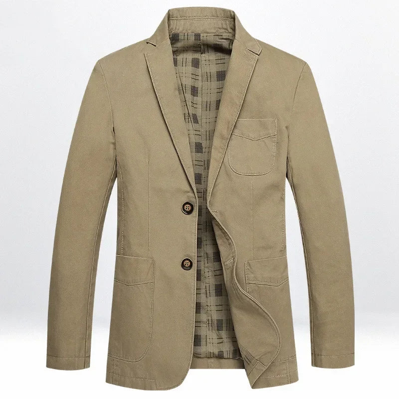 Men's fashion blazer jacket in solid pure cotton, plus size, slim fit, casual and business streetwear style, shown in black.