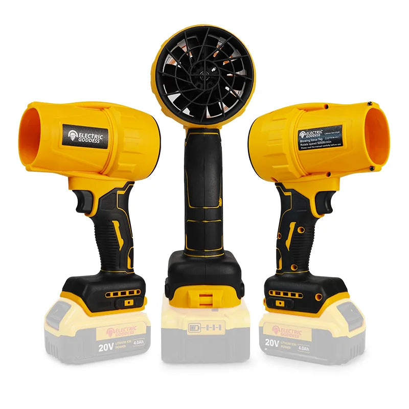Showlu Brushless Cordless Turbo Jet Fan Air Blower for Dewalt 20V, compact and powerful handheld air blower in black and yellow.