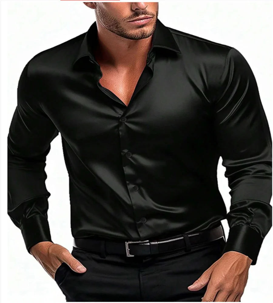 2024 Spring and autumn new silk fabric fashion men's long-sleeved men's business casual shirt long-sleeved shirt