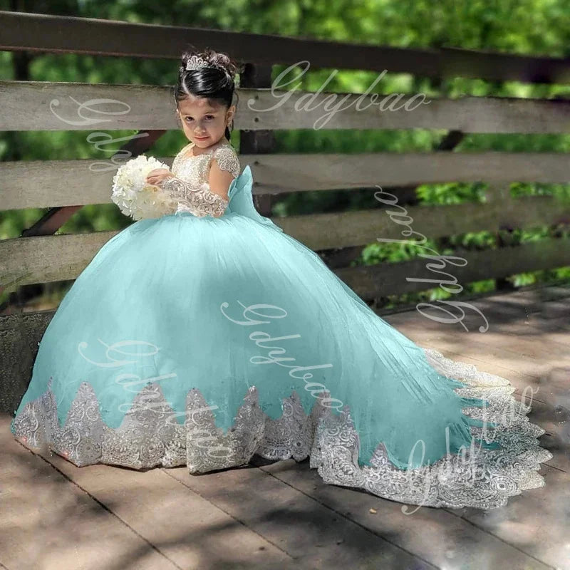 Ivory flower girl dress by Showlu Fashion Store with appliques, floor-length for wedding, birthday, or communion, for young girls.