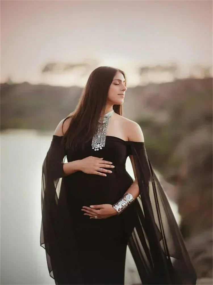 SHOWLU shoulderless chiffon maternity maxi gown for photography, flowing fabric, elegant design, suitable for maternity photoshoots.