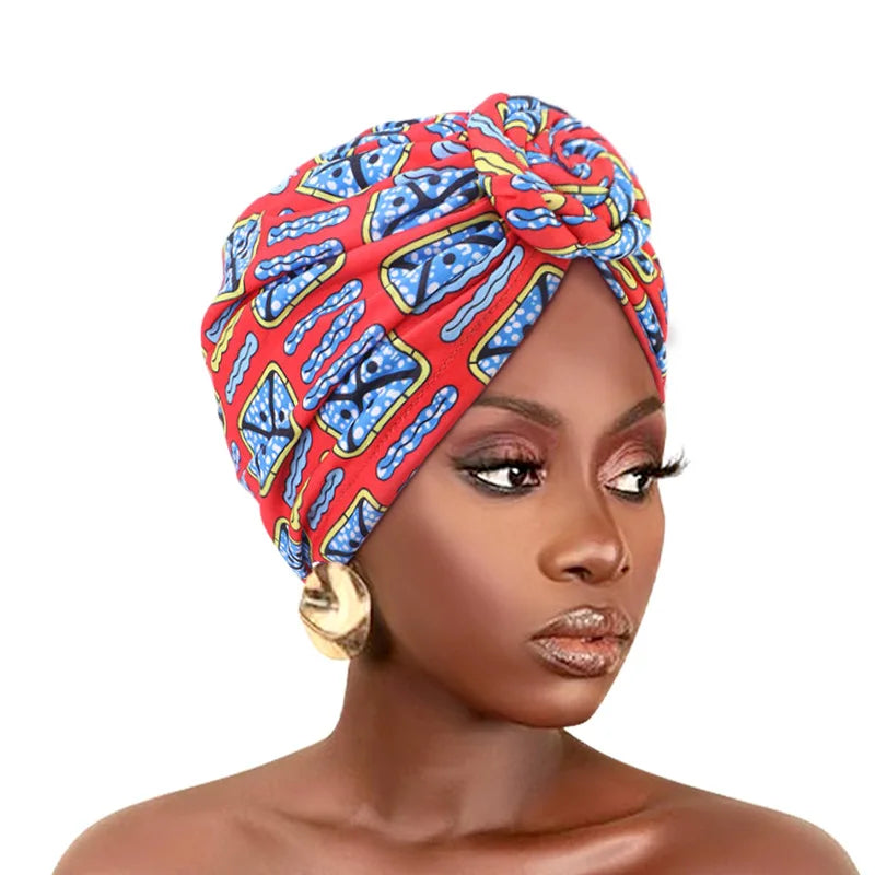 African print pleated turban with floral design, pre-tied front knot, elastic head wrap, and bandana style for women.