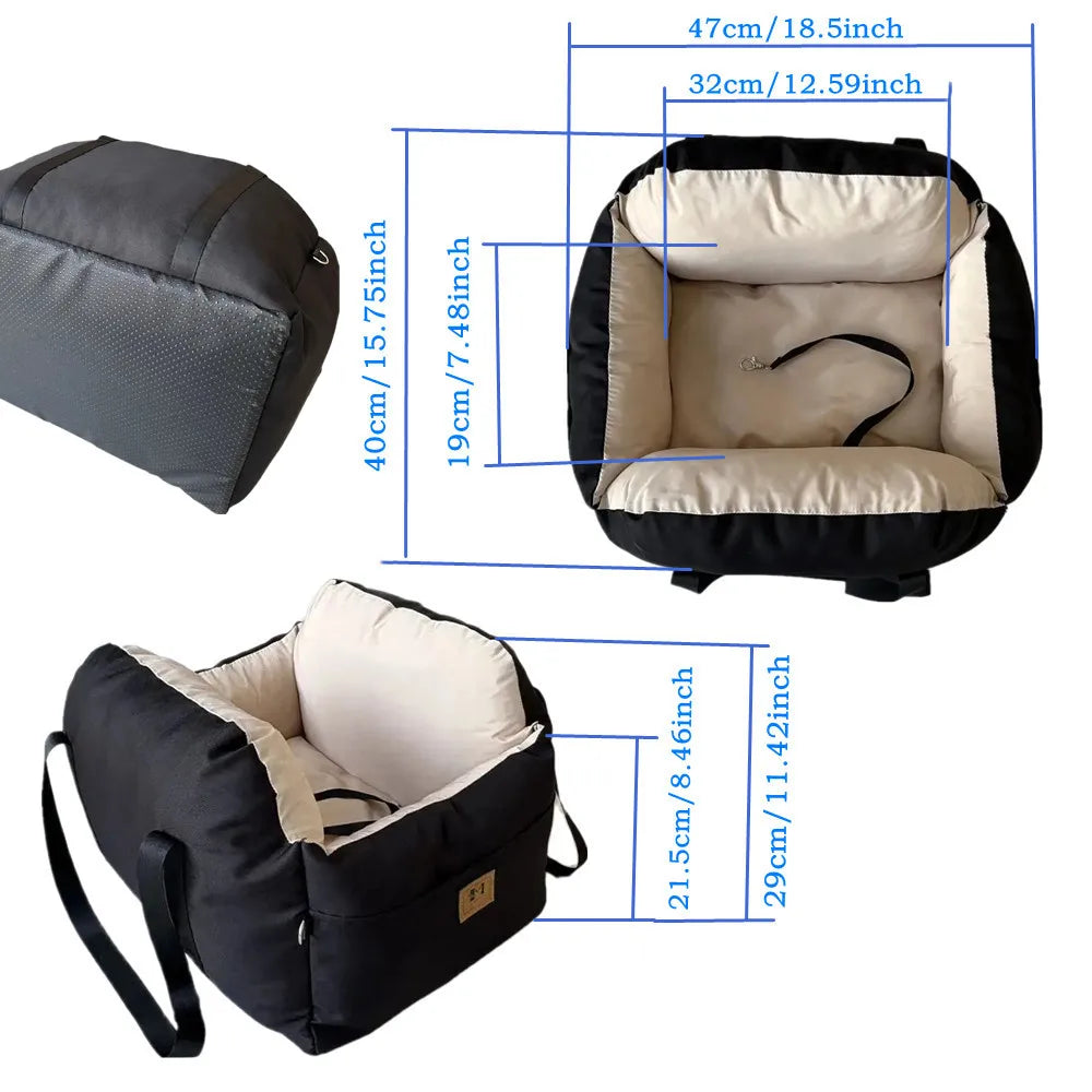 Showlu Dog Car Seat with Safety Belt, washable pet booster travel bed, secure and comfortable for small dogs during car rides.