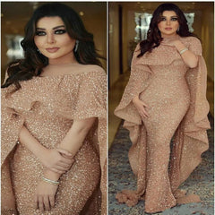 2023 New Glitter shawl Rose Gold Evening Dress Long Sleeve Luxury Formal Prom Party Gown Mermaid Prom Dress