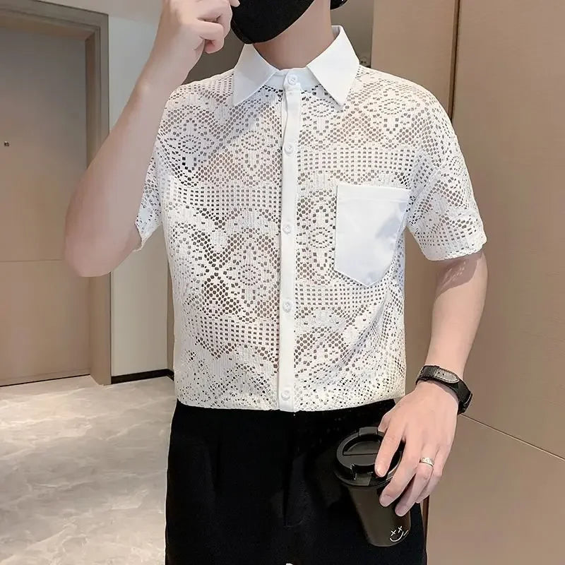 White Men's Shirt with Pocket Half Sleeve Plain Male Shirts Aesthetic Original Designer Collar Korean Style Casual New in Sale
