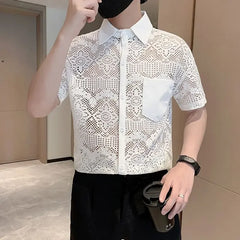 White Men's Shirt with Pocket Half Sleeve Plain Male Shirts Aesthetic Original Designer Collar Korean Style Casual New in Sale