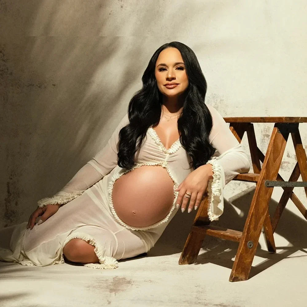 Showlu Maternity sheer lace ruffle ruched dress with sexy slit, elegant maternity gown for special occasions