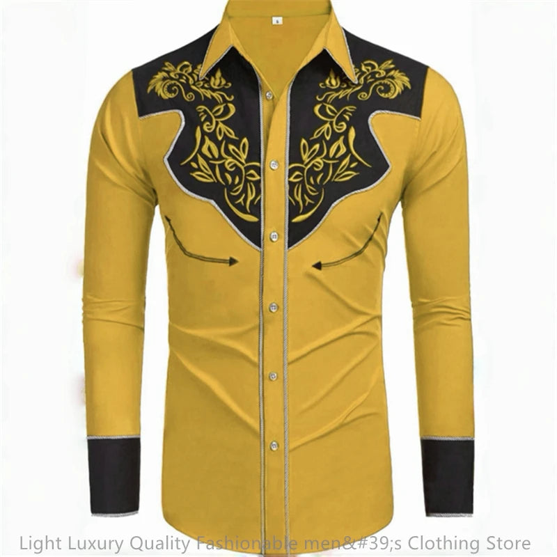 Men's long-sleeved retro western denim shirt in large size with loose fit, soft fabric, featuring 20 vibrant colors.