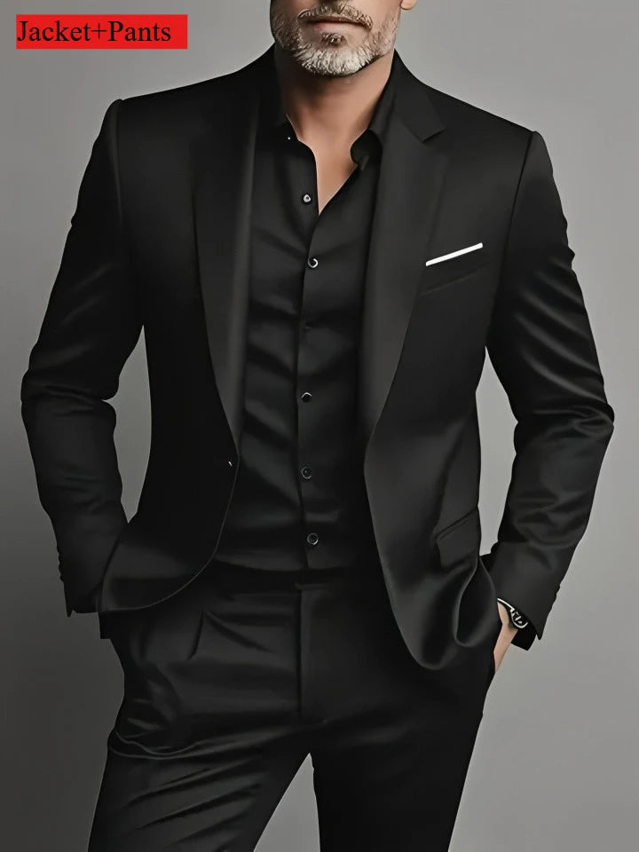 Black men's slim fit tuxedo suit set for weddings and formal occasions, featuring a tailored design and classic style.