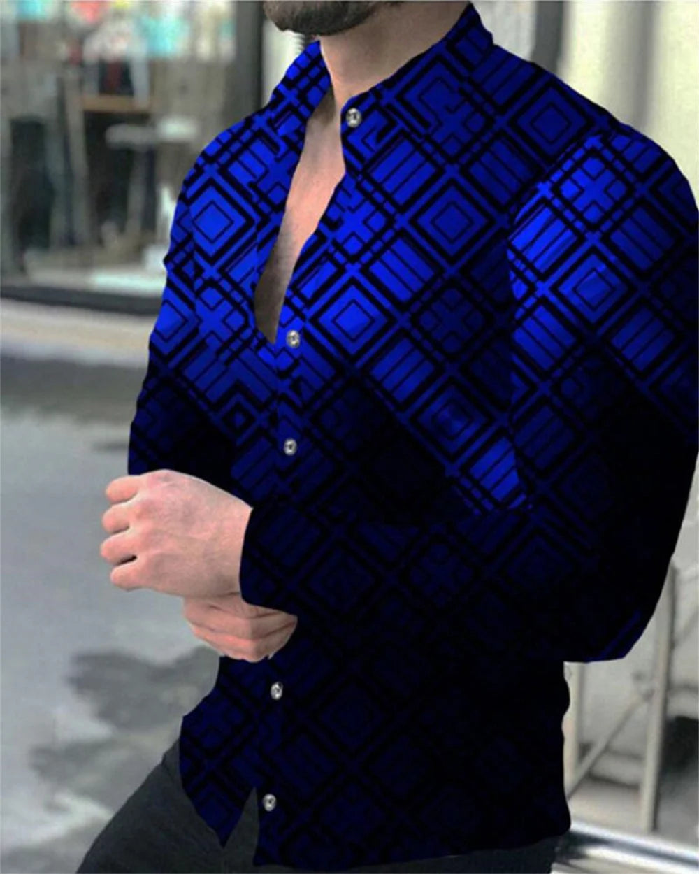 Men's long-sleeved casual button-up shirt with designer prints, lapel collar, stylish fashion top for social occasions.