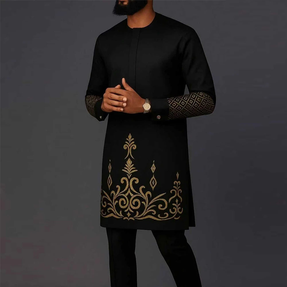 Showlu Men's African Kaftan Set in cotton blend, two-piece wedding suit with intricate embroidery and traditional design.