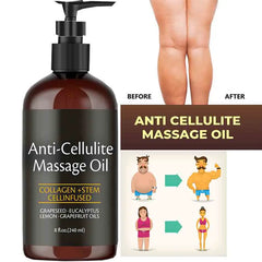 A bottle of anti-cellulite massage oil with collagen and stem cell ingredients.