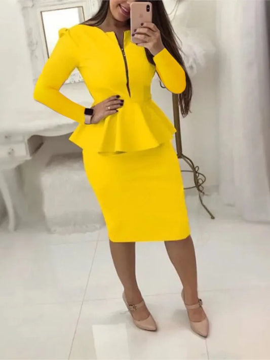 Elegant Women's Skirt Sets Solid Zipper V-neck Slim Top + Package Hip Knee-Length Skrits Suits Female Casual Work Two Pieces Set