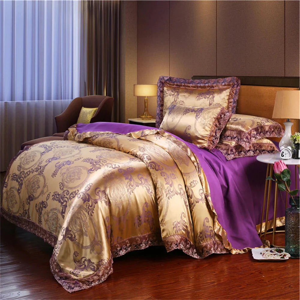 Nordic satin jacquard duvet cover set with floral pattern, showing luxurious flower bedding in elegant satin fabric.