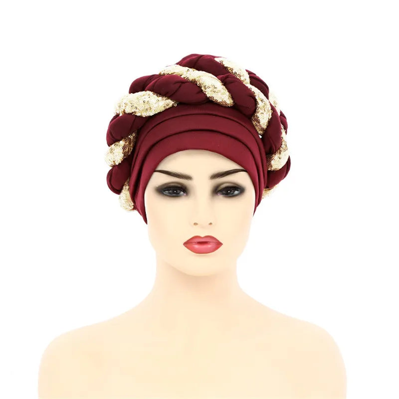 Sequins Braid Turban Cap for women African autogele Headtie